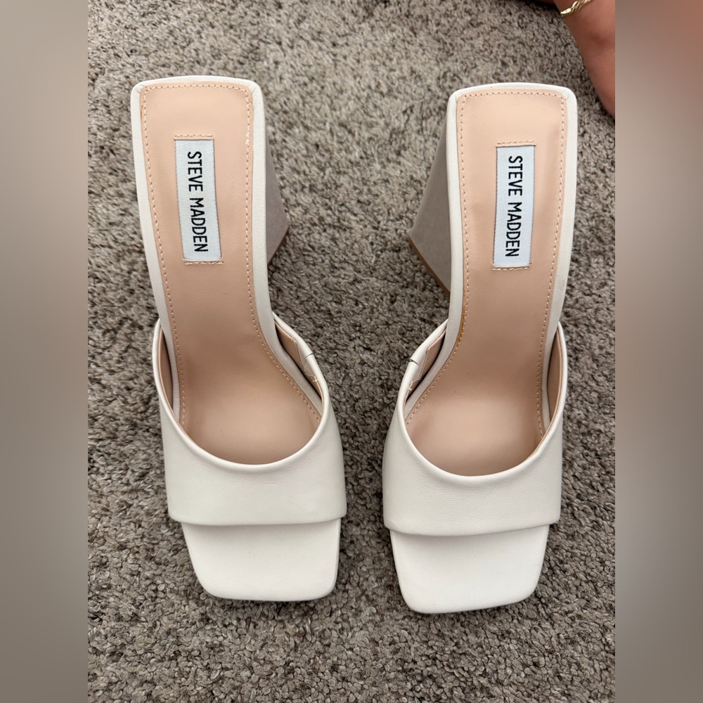 Steve Madden Cream Square-Toe Block Heel Mules